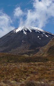 Preview wallpaper landscape, volcano, mountain, sky, clouds, grass, nature