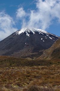 Preview wallpaper landscape, volcano, mountain, sky, clouds, grass, nature