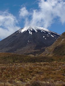 Preview wallpaper landscape, volcano, mountain, sky, clouds, grass, nature