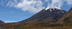 Preview wallpaper landscape, volcano, mountain, sky, clouds, grass, nature