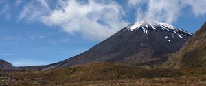 Preview wallpaper landscape, volcano, mountain, sky, clouds, grass, nature