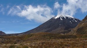 Preview wallpaper landscape, volcano, mountain, sky, clouds, grass, nature