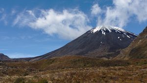 Preview wallpaper landscape, volcano, mountain, sky, clouds, grass, nature