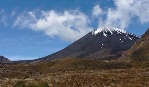 Preview wallpaper landscape, volcano, mountain, sky, clouds, grass, nature