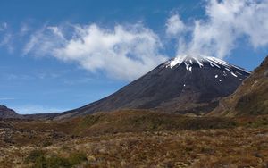 Preview wallpaper landscape, volcano, mountain, sky, clouds, grass, nature