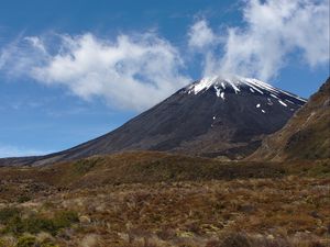 Preview wallpaper landscape, volcano, mountain, sky, clouds, grass, nature