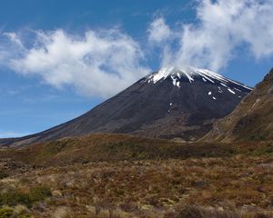 Preview wallpaper landscape, volcano, mountain, sky, clouds, grass, nature