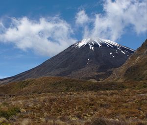 Preview wallpaper landscape, volcano, mountain, sky, clouds, grass, nature