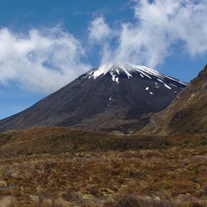 Preview wallpaper landscape, volcano, mountain, sky, clouds, grass, nature