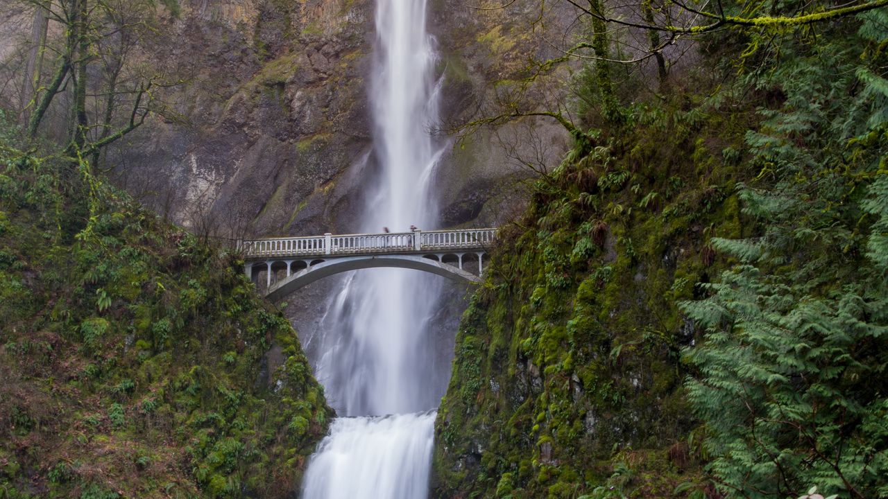 Wallpaper landscape, waterfall, bridge, cliff, nature