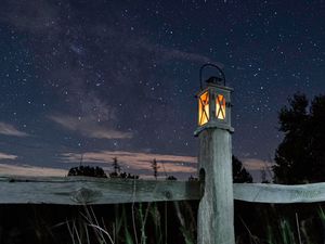 Preview wallpaper lantern, fence, starry sky, sky, night, grass