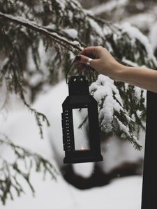 Preview wallpaper lantern, fire, hand, branch, tree, snow