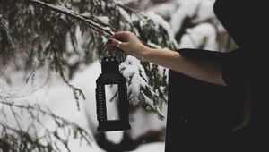 Preview wallpaper lantern, fire, hand, branch, tree, snow