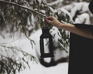 Preview wallpaper lantern, fire, hand, branch, tree, snow