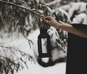 Preview wallpaper lantern, fire, hand, branch, tree, snow