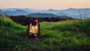 Preview wallpaper lantern, garland, grass, distance