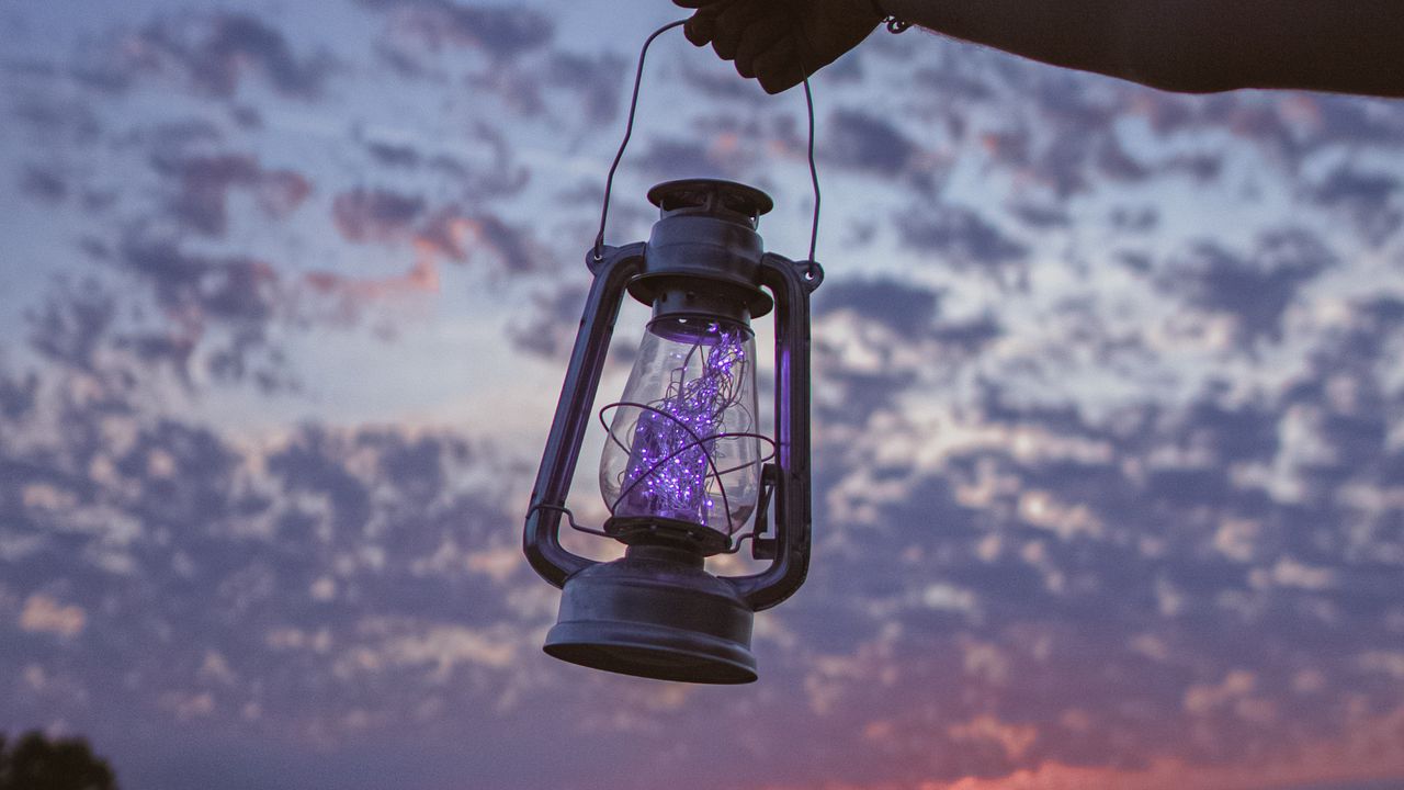 Wallpaper lantern, garland, hand, dusk, sky