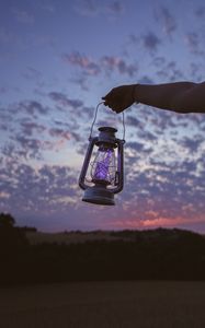 Preview wallpaper lantern, garland, hand, dusk, sky
