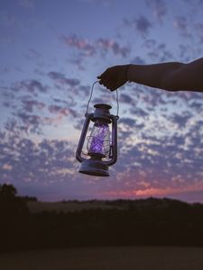 Preview wallpaper lantern, garland, hand, dusk, sky