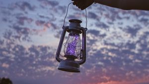 Preview wallpaper lantern, garland, hand, dusk, sky