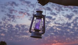 Preview wallpaper lantern, garland, hand, dusk, sky