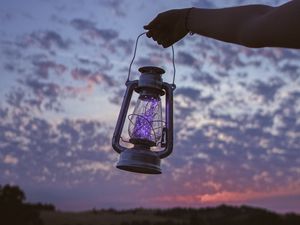 Preview wallpaper lantern, garland, hand, dusk, sky
