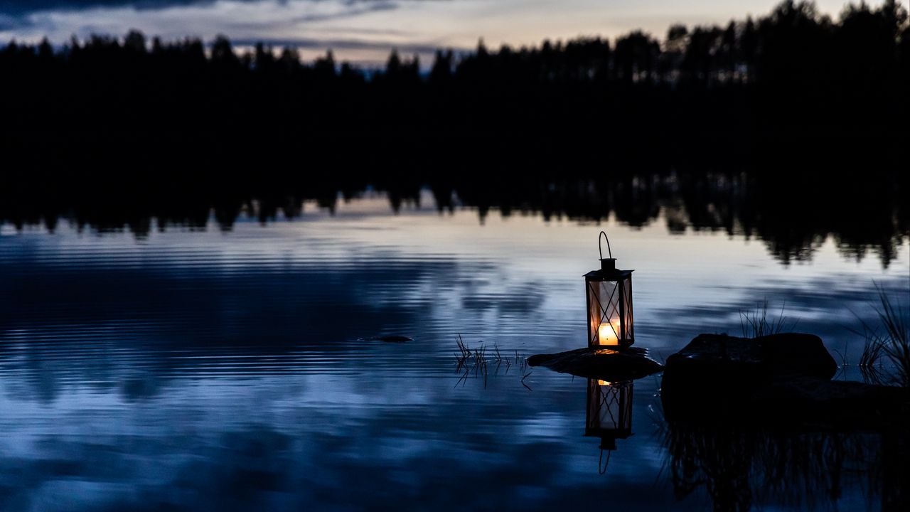 Wallpaper lantern, lake, water, stone, dark