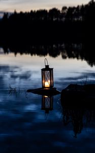 Preview wallpaper lantern, lake, water, stone, dark