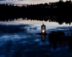 Preview wallpaper lantern, lake, water, stone, dark