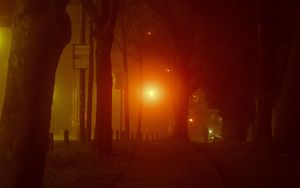 Preview wallpaper lantern, light, trees, road, silhouette, dark