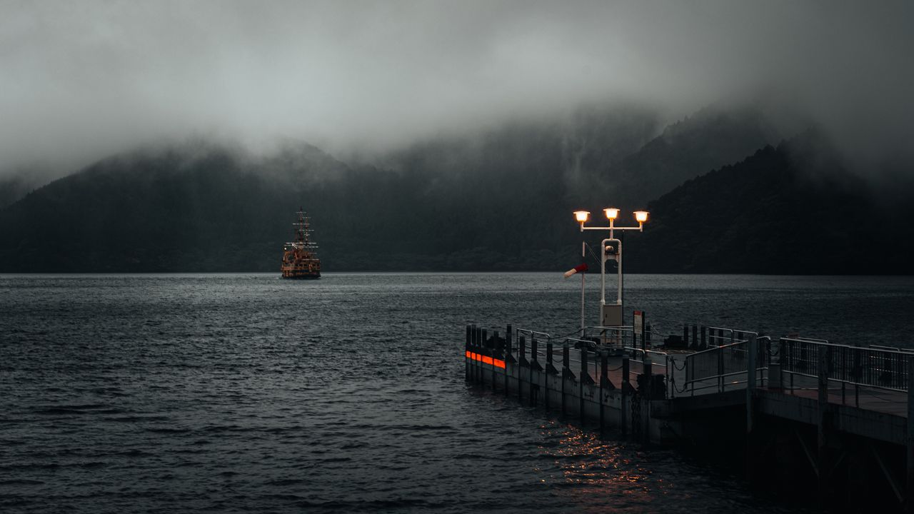 Wallpaper lantern, pier, sea, fog