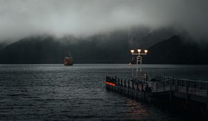 Preview wallpaper lantern, pier, sea, fog