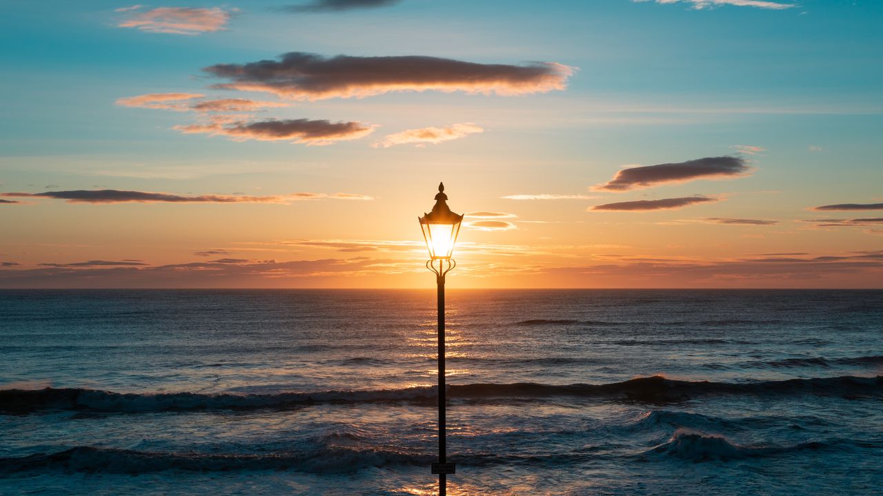 Wallpaper lantern, sea, horizon, sunset, clouds