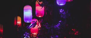 Preview wallpaper lanterns, light, leaves, purple, dark