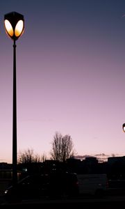 Preview wallpaper lanterns, trees, cars, buildings, sky, evening