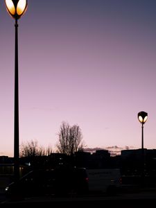 Preview wallpaper lanterns, trees, cars, buildings, sky, evening