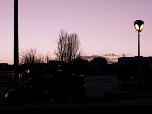 Preview wallpaper lanterns, trees, cars, buildings, sky, evening