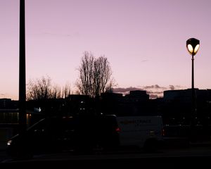 Preview wallpaper lanterns, trees, cars, buildings, sky, evening