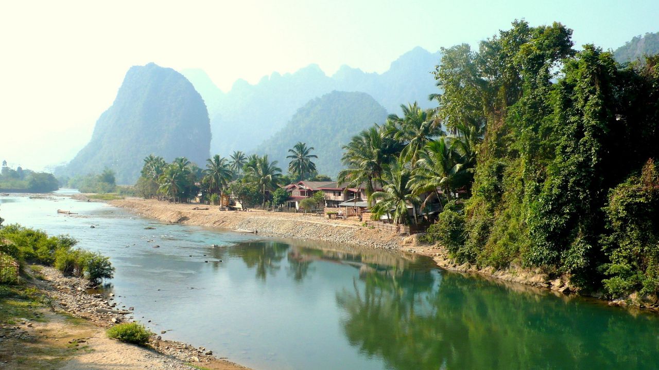 Wallpaper laos, tropics, palm trees, river, huts