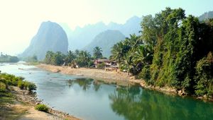 Preview wallpaper laos, tropics, palm trees, river, huts