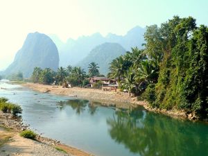 Preview wallpaper laos, tropics, palm trees, river, huts