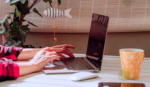 Preview wallpaper laptop, hands, mug, work, aesthetics