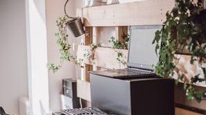 Preview wallpaper laptop, keyboard, desktop, houseplants, room