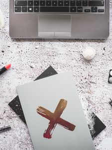 Preview wallpaper laptop, notepad, cross, symbol, white