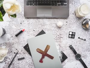 Preview wallpaper laptop, notepad, cross, symbol, white