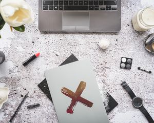 Preview wallpaper laptop, notepad, cross, symbol, white