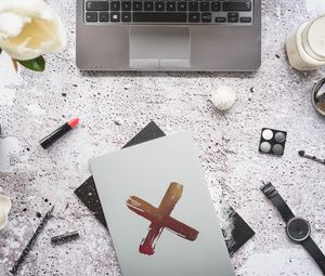 Preview wallpaper laptop, notepad, cross, symbol, white