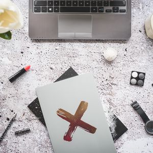 Preview wallpaper laptop, notepad, cross, symbol, white