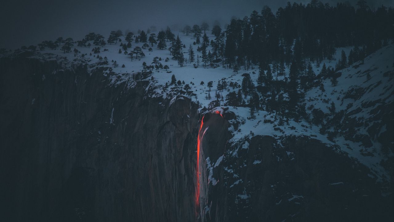 Wallpaper lava, volcano, cliff, fog, snow, winter