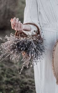 Preview wallpaper lavender, basket, flowers, hand, girl